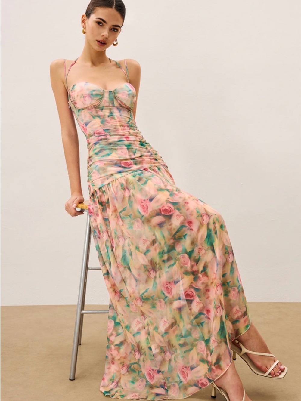 Commense Pink Floral Maxi Dress with Green Accents